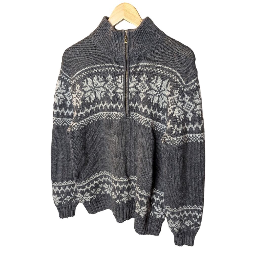 Vintage Cozy Fair Aisle Nordic Mock Neck Grey Gray Knit Sweater Winter Wool M